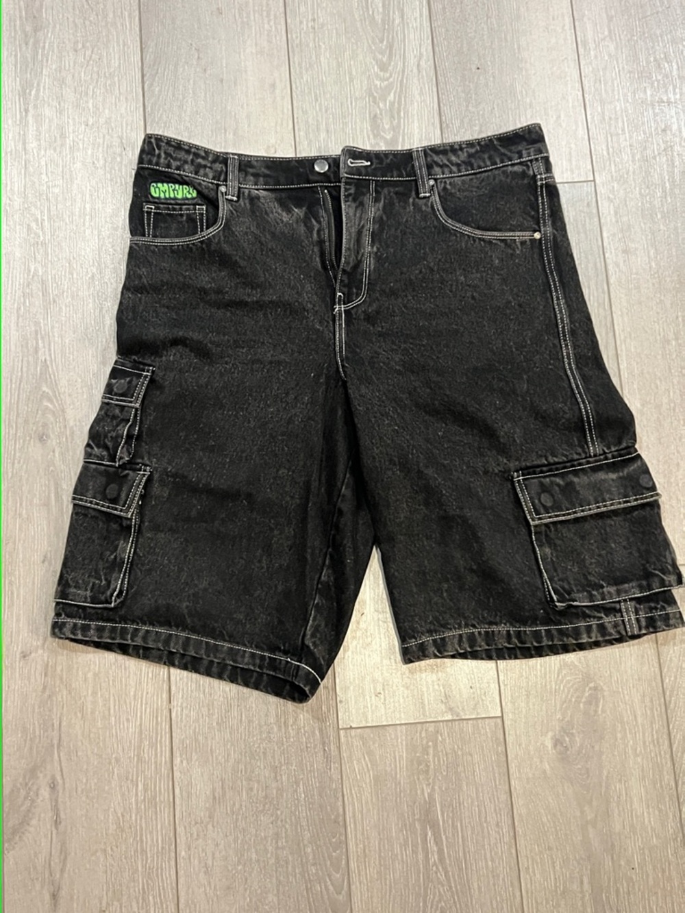 Empyre Black Cargo Denim Shorts with Green Logo